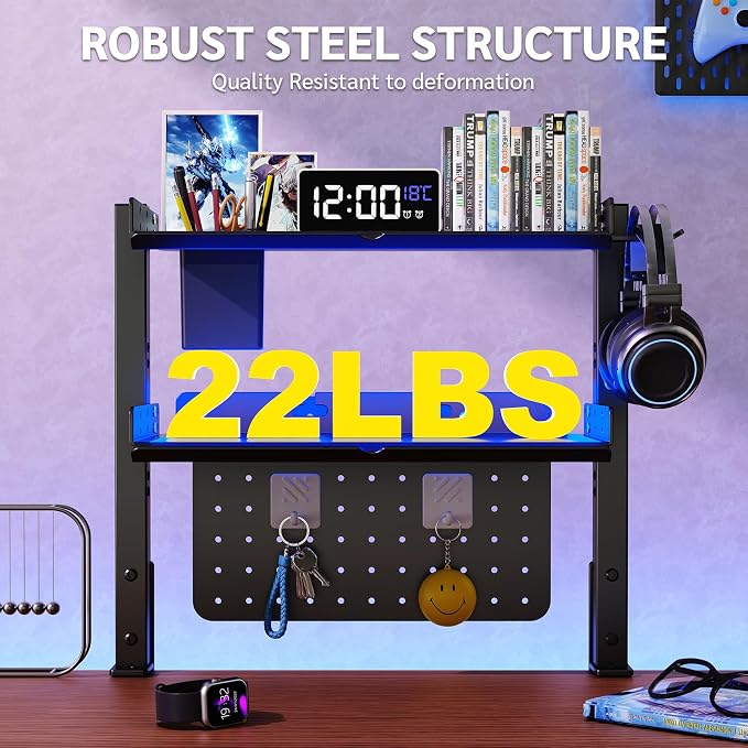 Metal Clamp On Desk Shelf,Storage Shelves with Pegboard and Pencil Holder | 2-Tier Adjustable 16 inch Above or Under Heavy Duty Desktop Organizer with Headphone Holder for Desk Accessories (Black)