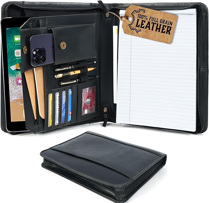 Leather Portfolio for Men, Portfolio Organizer with Zipper for Men Women, Leather Padfolios Business Resume Legal Pad Notebook Binder for A4/Pad (Black)