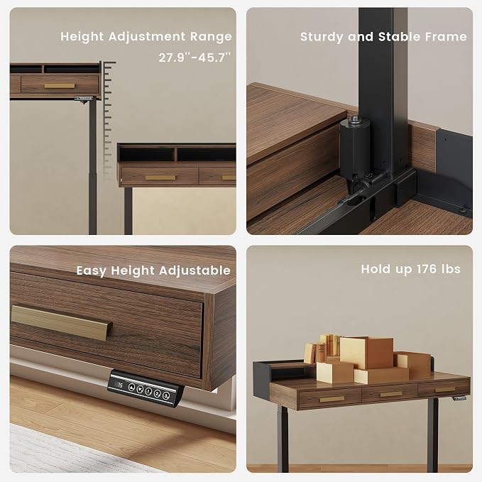 ModernMate 48" Electric Standing Desk with 3 Drawers & Monitor Shelf | Height Adjustable Sit Stand Desk, Home Office Computer Workstation with Storage for Small Space, Black Walnut