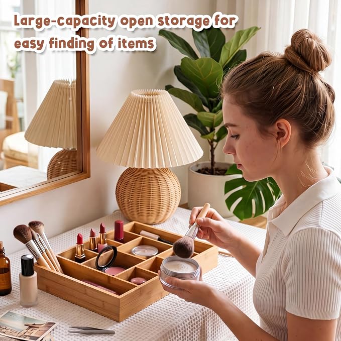 SiliFine 2 Pack Large Bamboo Desk Drawer Organizer, 10 Compartment Organization Tray Junk Drawer Storage Box Multi-use Container Bin for Kitchen, Sewing, Makeup, Office, Bathroom Vanity, 16.5"x12"