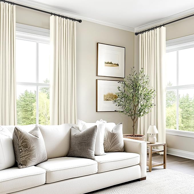 INOVADAY 100% Blackout Curtains for Bedroom, Black Out Curtains 84 Inch Long, Clip Rings Linen Blackout Drapes, Thermal Insulated Room Darkening for Living Room, 2 Panels - Lightcream,W50xL84