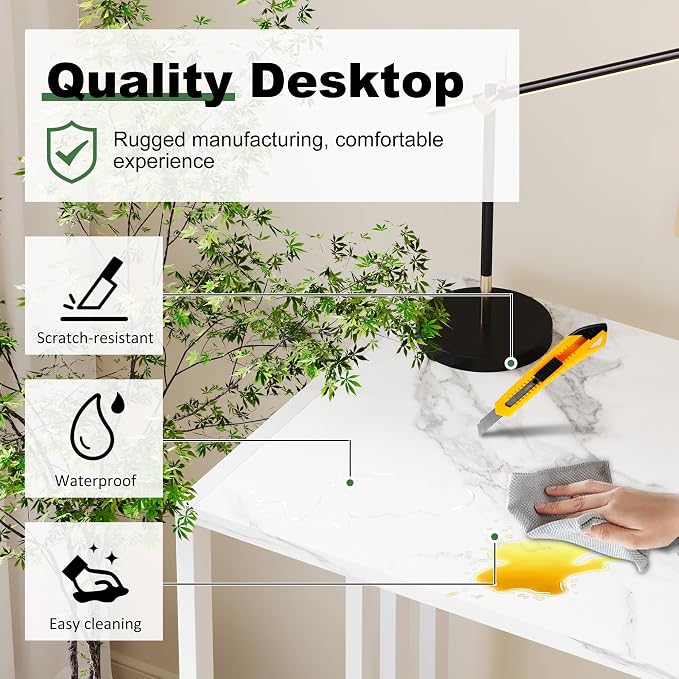 Lutown-Teen 35 inch Folding Small Desk, Writing Gaming Computer Camping Desk for Small Spaces, No Assembly Required Home Office Table, White Marble