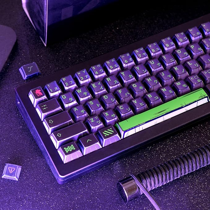 Manga Themed Japanese Keycaps, Retro PBT Keyboard Key Caps Dye Sublimation KeyCap with Cherry Profile, 130 Keys Purple Custom Keycap Sets for Cherry MX Mechanical Keyboard