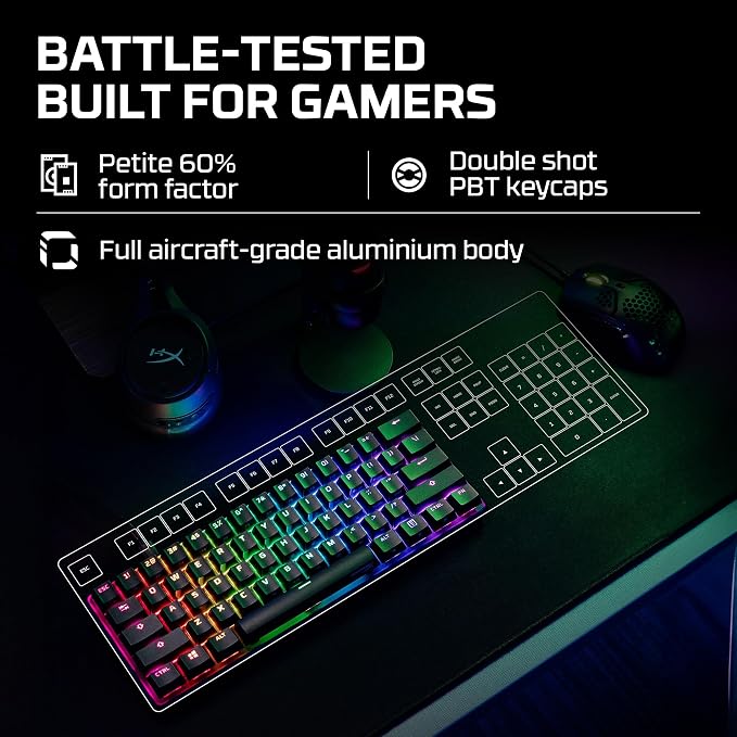 HyperX Alloy Origins 60 - Mechanical Gaming Keyboard - Ultra Compact 60% Form Factor - Tactile Aqua Switch - Double Shot PBT Keycaps - RGB LED Backlit - NGENUITY Software Compatible,Black