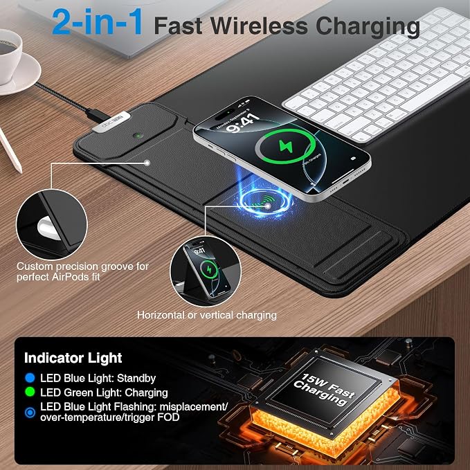 Mouse Pad with Wireless Charging & Foldable Phone Holder, 27.5"x11.8" Black | Desk Protector with Stitched Edges, Non-Slip Base, Laptop Desk Mat, Waterproof Writing Pad for Office & Home