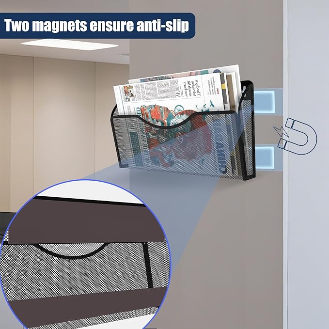 Magnetic File Holder 4 Pockets File Folder Organizer, Office Hanging Magazine Rack for File Cabinets, Magnetic Paper Holder, No Drilling Mail Organizer for Refrigerator, Office