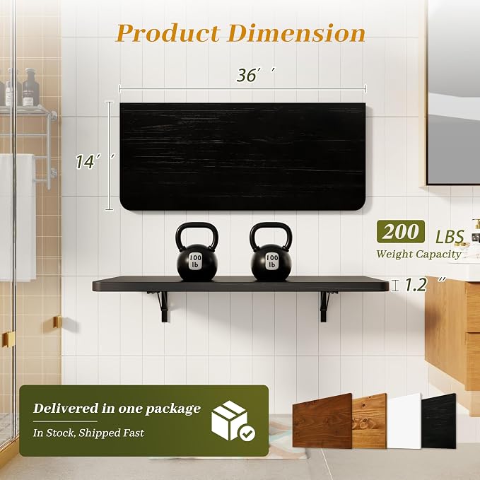 Dogsky Home Office Folding Desk - Foldable Wall Mounted Computer Table - Floating Pine Wood Fold Down Wall Desk - 36 Inch Morden Folding Shelf for Small Spaces, Home Office, Laundry Room, Black