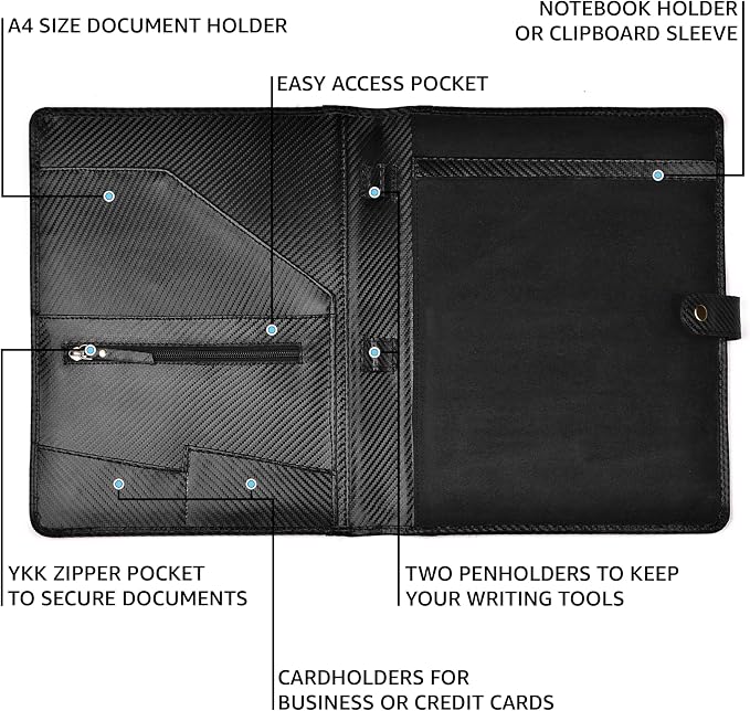 LEATHER VILLAGE Portfolio Professional Organizer – Carbon Fiber Genuine Leather Padfolio Resume Folder for A4 Letter Pad with Pen Holder, Business Card Slots – Ideal for Men & Women - Black