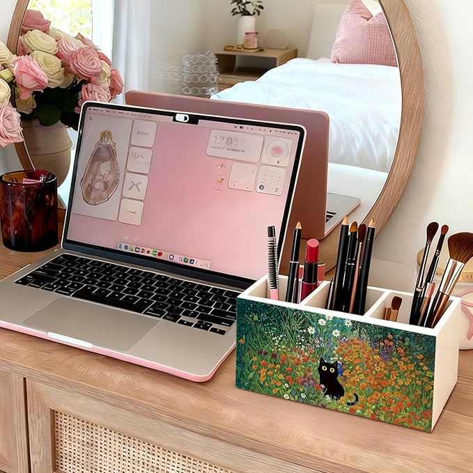Black Cat Pen Pencil Holder for Desk, Black Cat Mom Lady Lovers Gifts for Women, Pet Lover Gifts, Cottagecore Wildflower Kitten Wooden Box Sign Decorations for Home Office Desk Tabletop