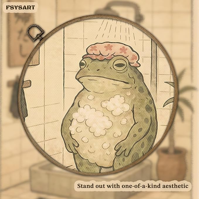 Framed Vintage Frog Bathroom Wall Art, Funny Cute Green Frog in Bubble Bath Canvas Prints, Japanese-Style Retro Cartoon Animal Artwork, Whimsical Wall Decor for Dorm Apartment Toilet 8x10in