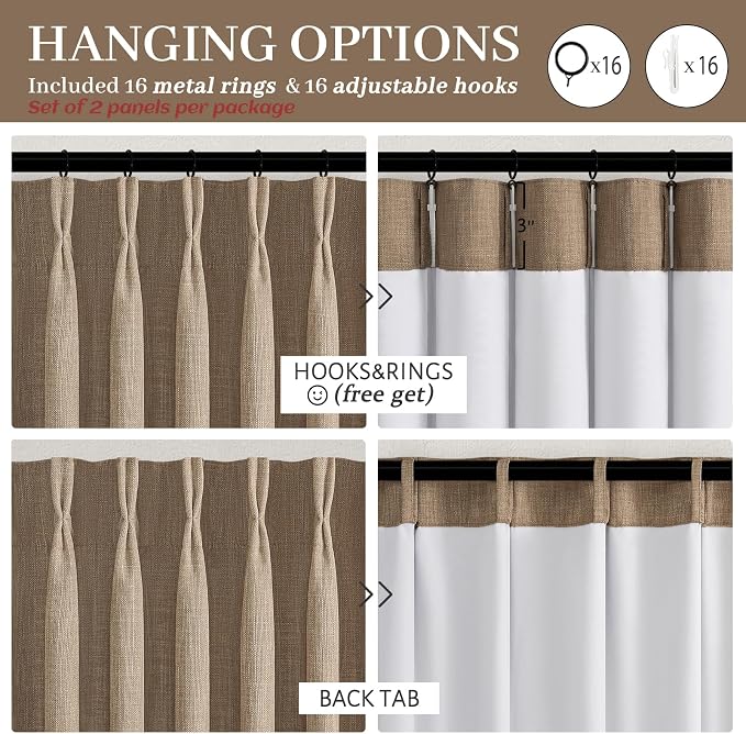 Blackout Double Layer Thick Linen Curtains 108 Inches Long for Sliding Glass Doors, Rust Brown Memory Trained Pinch Pleated Insulated Noise Reducing Elegant Window Curtain & Drapes 2 Panels 9FT Length