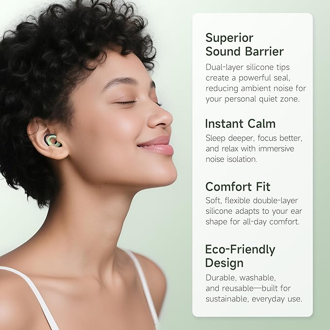 Ear Plugs for Sleeping Noise Cancelling Earbuds, Reusable Silicone Earplugs for Sleeping, High Fidelity with Mute Layer for Snoring Solution for Travel,Focus,45dB Noise Reduction (Black-Green)