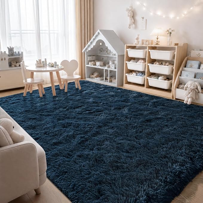 Zentavio Navy Blue Area Rugs for Living Room Boys Rugs for Bedroom 8x10 Large Shag Washable Carpet Soft Furry Fluffy Aesthetic Kids Playroom Rugs for Teen Home Decor