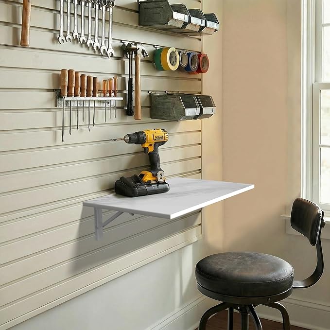 GOYLSER Wall Mounted Table Fold Down Workbench Length 25" Width 15.7", White Marble Laundry Floating Desk for the Garage/Shed/Office/Bar/Home Kitchen & Dining Room