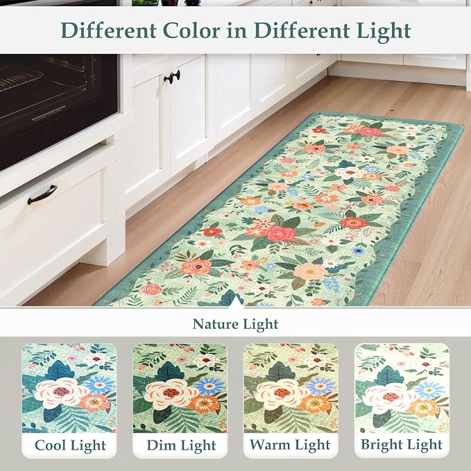 KIMODE Anti Fatigue Mats for Kitchen Floor Green Farmhouse Kitchen Rugs | 17"x47"+17"x29" Kitchen Rugs Sets of 2 Cushioned Kitchen Floor Mats Non Skid,Memory Foam Mats for Laundry Office Sink Desk