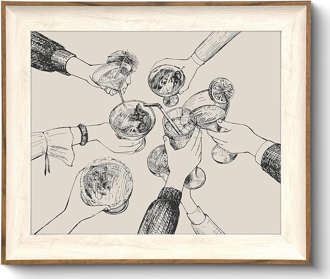 Uniro Framed Canvas Wall Art, Vintage Cheers Print for Bar Cart Wall Decor, Retro Cheers Sign Art Prints Friends Clinking Bar Cart Wall Art Painting, Farmhouse Home Kitchen Wall Decor, Trendy Black and White Cheers Cocktail Bar Cart Accessories - 8"x10"