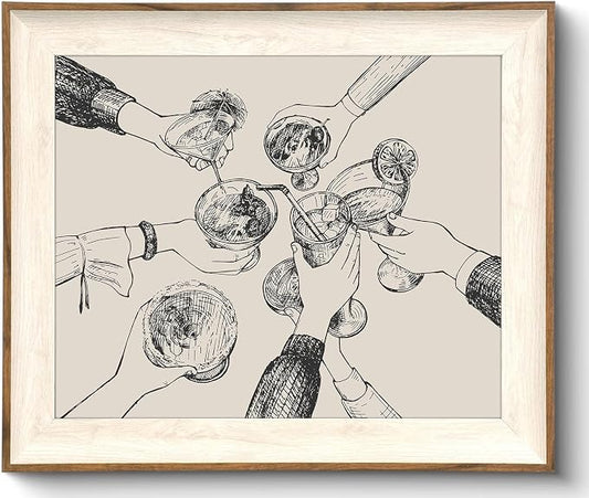 Uniro Framed Canvas Wall Art, Vintage Cheers Print for Bar Cart Wall Decor, Retro Cheers Sign Art Prints Friends Clinking Bar Cart Wall Art Painting, Farmhouse Home Kitchen Wall Decor, Trendy Black and White Cheers Cocktail Bar Cart Accessories - 8"x10"