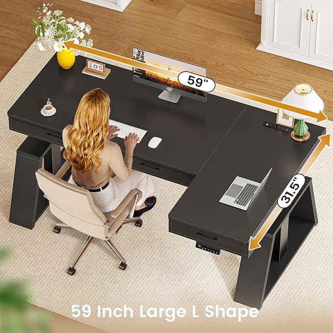 SEDETA 59 Inch L Shaped Electric Standing Desk with Drawers, Executive Adjustable Desk with Power Outlets, Monitor Stand, Sit Stand Computer Table for Home Office, Black