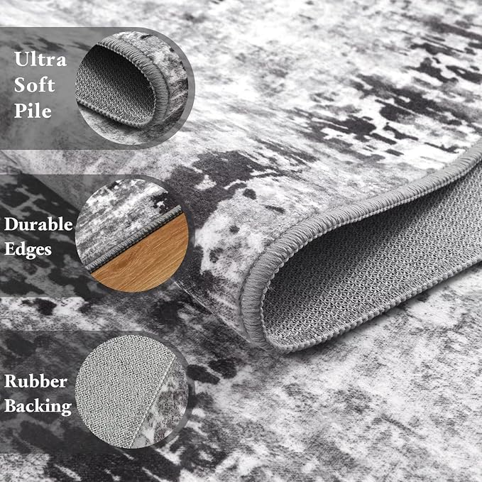 Macgace Washable Abstract Rug, 8x10 Modern Area Rugs with Non-Slip Rubber Backed for Living Room, Thin but Soft Contemporary Carpet Kitchen Bedroom Dining Room Decor, Dark Grey