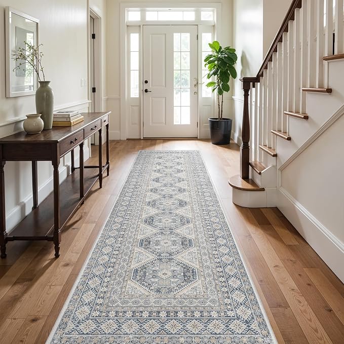 3x12 Runner Rug Kitchen Washable:Oriental Indoor Hallway Runners with Non Slip Backing Floor Mat for Entryway Door Low Pile Thin Carpet for Bedroom Bathroom Living Room Bedside (Blue, 3x12)