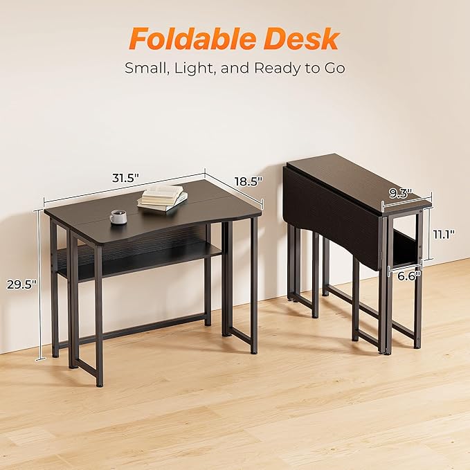 Huuger Folding Desk with Storage Shelf, 31.5 Inch Foldable Computer Table for Small Spaces, Space Saving Sofa Table for Couch, Writing Work Office Computer Desk, Easy to Fold, Black