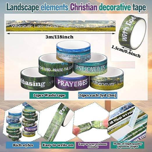 24 Rolls Back to School Christian Washi Tape Gifts Bulk Graduation VBS Religious Scripture Scenery Bible Verse Washi Tape for Bible Journaling Crafting Students BibleStudy Stationery