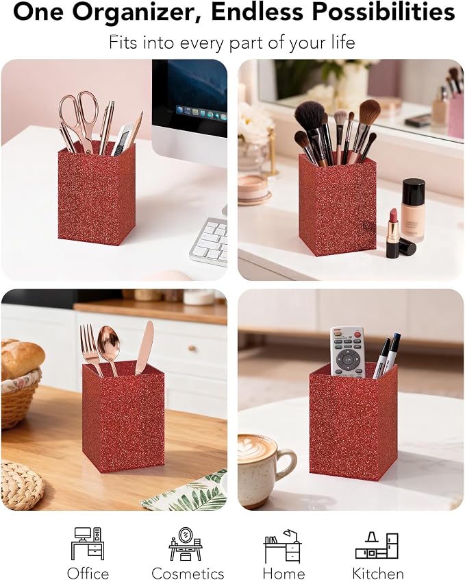 Acrylic Pen Holder Desk Organizer for Office, Red Glitter | Sparkling glitter acrylic makeup brush and pencil holder for desk, Modern desktop organizer for home, school and office