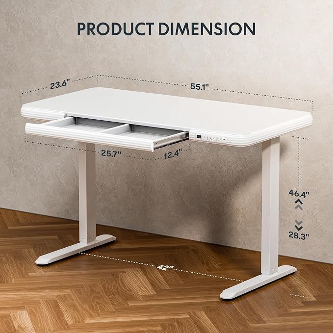 SANODESK Standing Desk with Drawer, Electric Height Adjustable Home Office Desk with Storage & USB Ports, 48 inch Tempered Glass Tabletop/White Frame