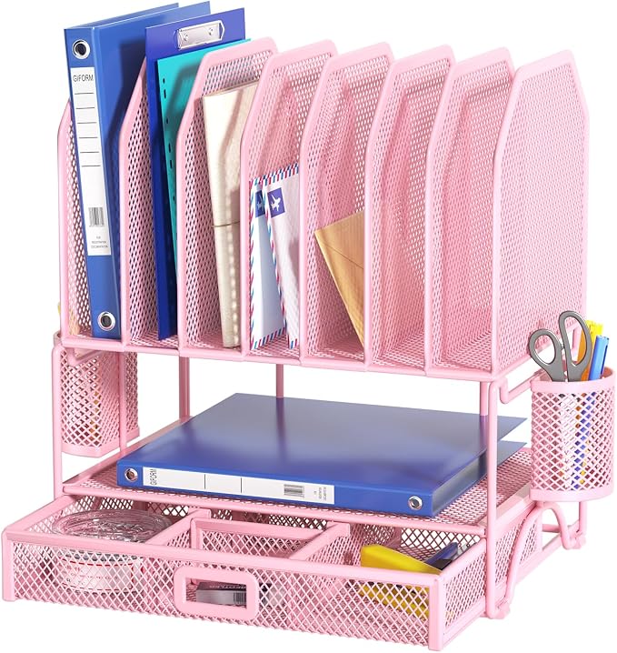 FANXIYQ Metal Desk Organizer with Sliding Drawer, 7-Section File Organizer for Desk, Desktop File Folder & Paper Organizer with 2 Hanging Pen Holders, Office Supplies Organizer, Pink