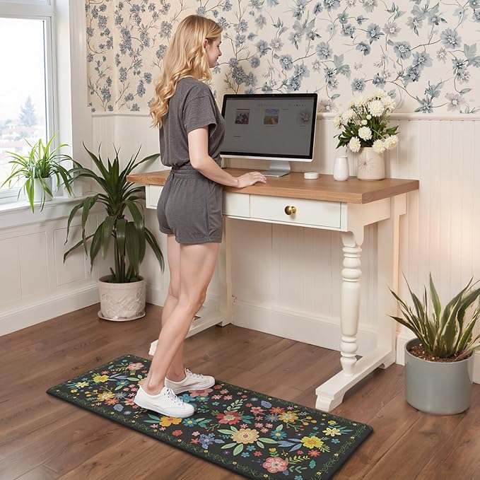 GENIMO Anti Fatigue Kitchen Mats for Floor 2PCS, Cushioned Standing Mats | 17.3"x47"&17.3"x30", Black vintage floral rug set, waterproof, non slip, easy-clean for farmhouse