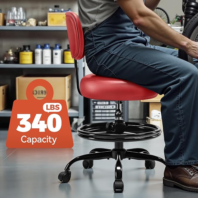 Shop Stool with Wheels for Garage, Mechanics Rolling Chair with Backrest, Adjustable Height Heavy Duty Garage Stool with Footrest and Storage Tray, Swivel Task Chair for Workshop Kitchen Salon (Red)
