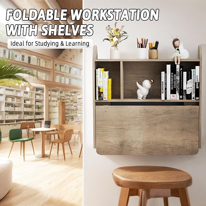 Wall Mounted Drop-Leaf Table, Floating Laptop Desk, Folding Table with Shelves, Multifunctional Computer Workstation with Storage Compartments in Home Office for Space Saving (Rustic Oak)