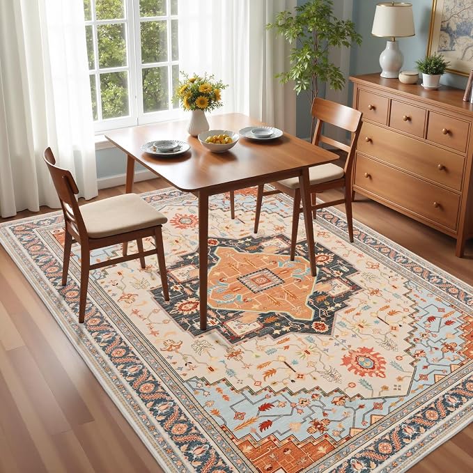 Macgace 5x7 Orange Beige Area Rug for Living Room, Machine Washable Rugs with Non-Slip Backing for Bedroom, Vintage Medallion Carpet Dining Room Office Kids Room Decor