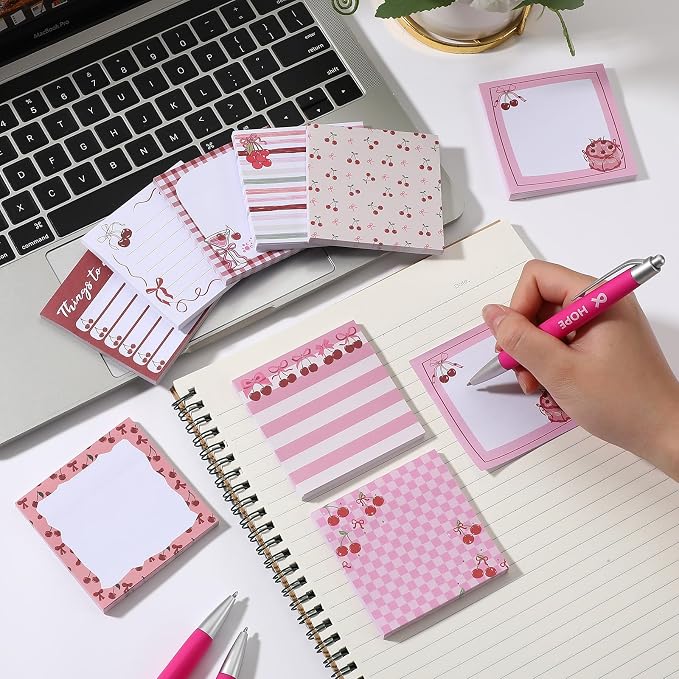 9 Pads Cherry Bow Sticky Notes 3x3 Inch Cute Self Stick Notepads Notes Adhesive Memo Pad Office Decor Gifts for Students School Teacher Meeting Office Supplies