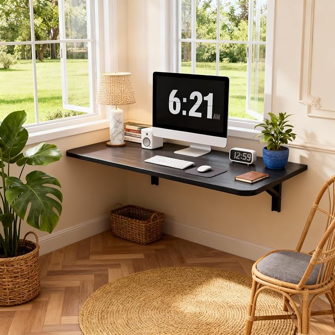 IAE Wall Mounted Floating Foldable Desk, 36" x 22" Folding Computer Workstation Table with Engineered Wood and Metal Shelf Brackets,Fold&Floating Design for Home Office, Apartment,Laundry Room,Black