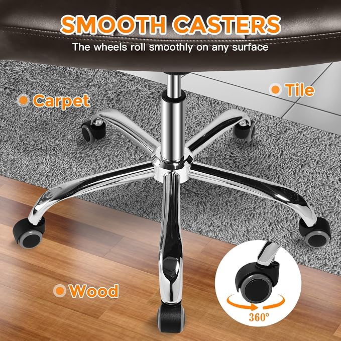 360° Office Desk Chair,PU Adjustable Rolling Task Chair with Backrest for Barber,Office,Home, Computer,360° Swivel,Armless，desk chair without arms，office chair 400+ lb weight capacity(Widened Brown)