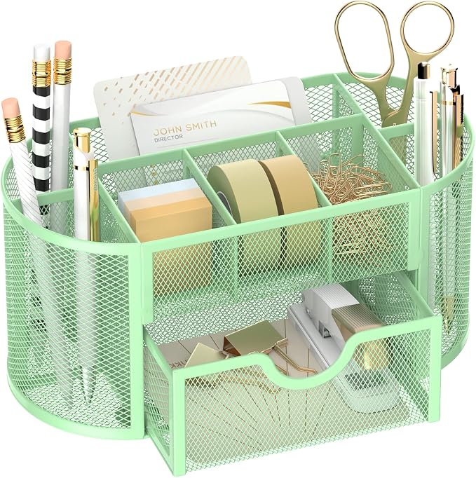 Mesh Desk Organizer with Drawer, 9-Compartment Pen Holder for Desk, Green | Pull-Out Drawer Stores Pens, Pencils, Clips, Notes, and Small Office or School Supplies in One Compact Desk Caddy