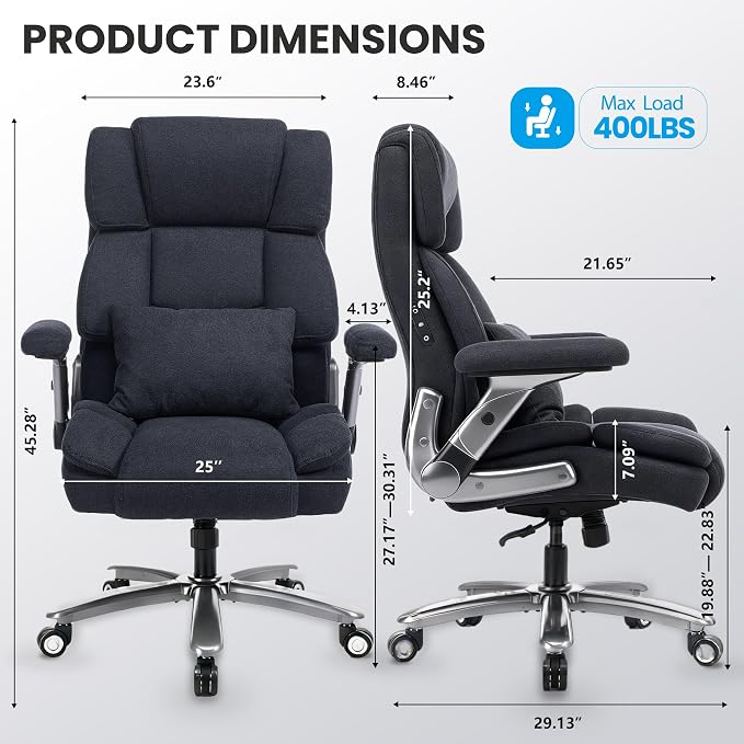 400lbs Big and Tall Executive Chair, Heavy Duty High Back Home Desk Chair | Ergonomic Office Chairs with 3D Kneading Massage, 3D Armrests, 5 Quiet Dual Rubber Wheel, Thick Pocket Spring Cushion