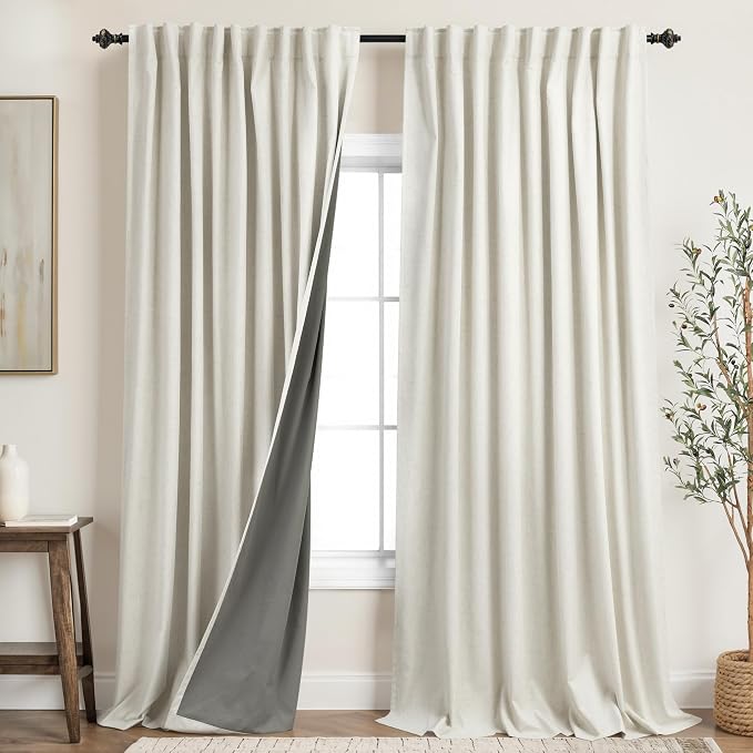 KOUFALL Extra Wide Linen Black Out Curtains Drapes 96 Inch Long 2 Panels Set Pleated Thermal Blackout Boho Modern Farmhouse 8FT Floor to Ceiling Curtains for Living Room 70 x 96 By Size