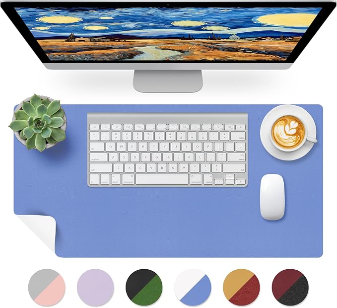 Bloss Blue Leather Desk Mat Protector,Leather Mouse Pad,Laptop Protector Desks Mat,Office Desks Mats,Keyboard Desks Mats,Computer Mat,Dual-Side Waterproof Desk Writing Pad for Office/Home.23.6"x 13.8"