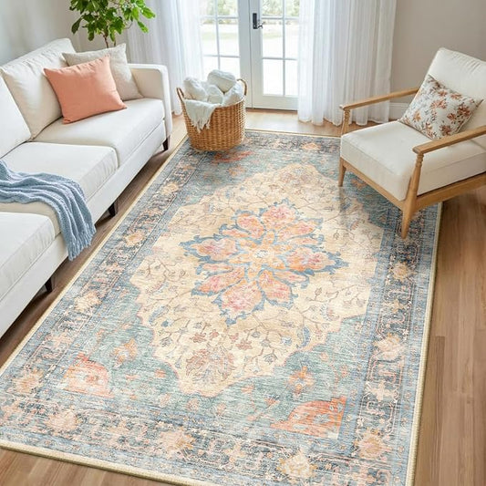 RELEANY Area Rugs 5'x8' Washable Non-Slip, Floral Vintage Distress Medallion Carpet for Living Room Bedroom Dining Room, Blue Orange Red