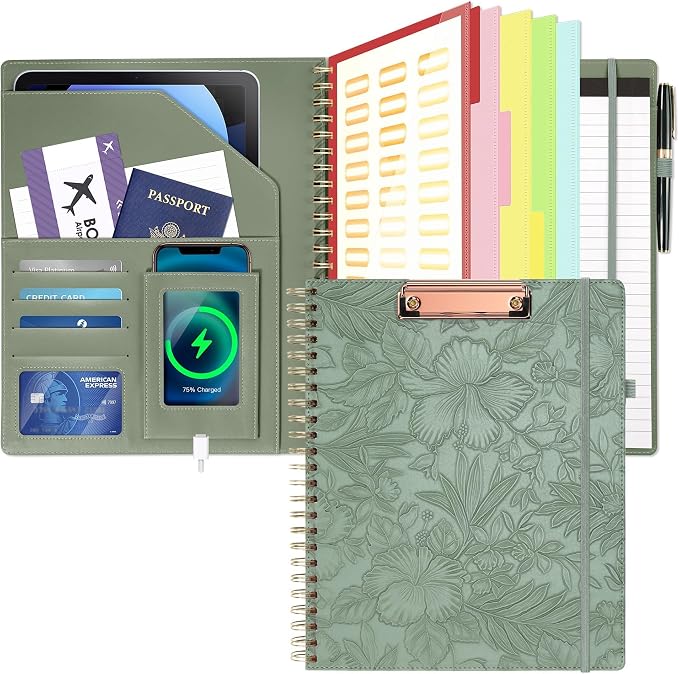 Clipboard with Storage for Men Women, Leather Padfolio Portfolio Organizer 5 Folders with 10 Pockets, Spiral Clipboard Folio with Notepad for Letter Size, Elastic Closure and Pen Loop Green Floral