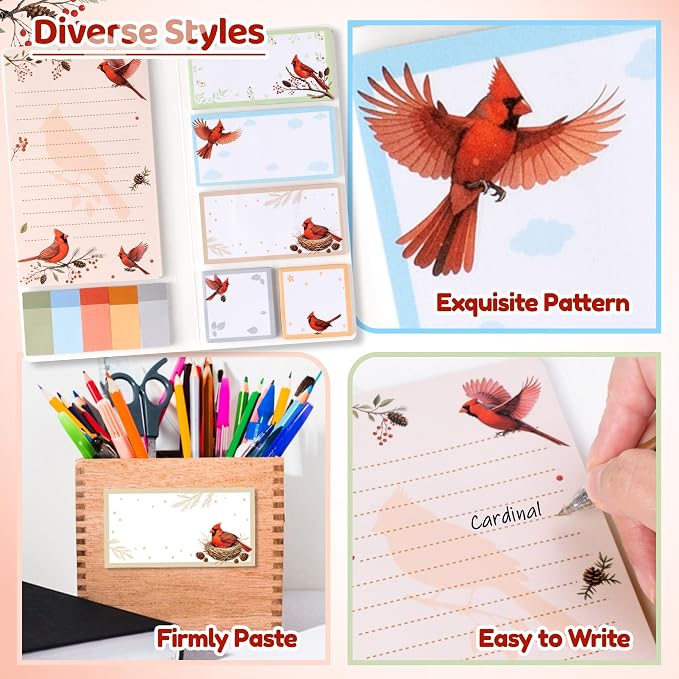 B1ykin Cute Sticky Notes Set - I Just Really Like Cardinal Self-Stick Notes Pad, 550 Sheets Writing Memo Pages Sticky Notepad for Teacher Appreciation Gifts, School Office Supplies (Cardinal)
