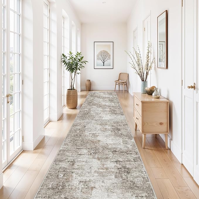 3x20 Extra Long Hallway Runner Rug – Non-Slip Washable Stain-Resistant 20 Ft Carpet for Kitchen & Entryway, Low-Pile Thin Modern Abstract Wide Floor Runner with Rubber Backing (Beige Grey)