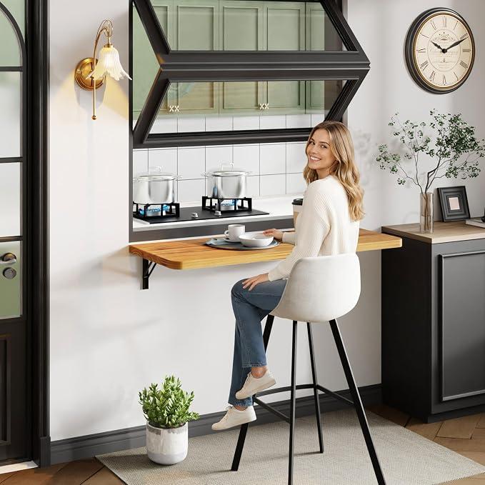 Dogsky Floating Wall Desk, 36" x 14" Wall Mounted Folding Table, Pine Wood Fold Down Wall Table, 200 lb Capacity Wall Mount Desk for Small Apartment,Laundry Room,Kitchen,Bar & Computer, Burning Yellow