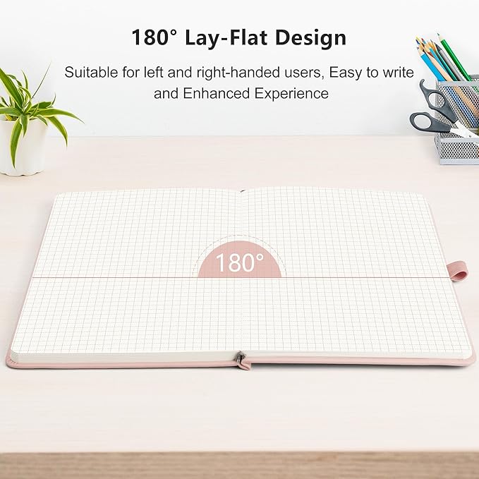 RETTACY Graph Grid Paper Notebook, 192 Pages, A5 Medium Size (5.7'' x 8.3''), 5 Squares per Inch, Leather Hardcover, 100 GSM Thick Paper, for School, Students, Math, Engineering (Rose Gold)