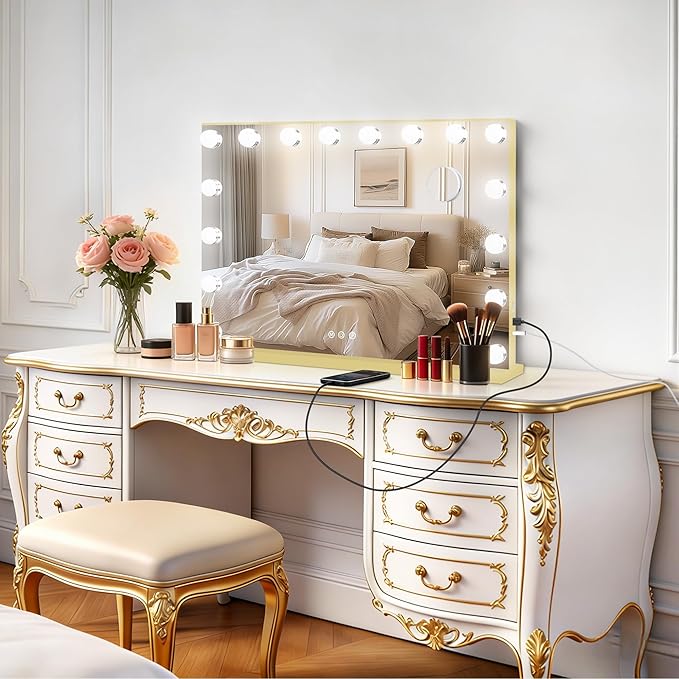 Moonee Vanity Mirror with Lights, Gold Hollywood Lighted Makeup Mirror with 17 Dimmable Bulbs and 10X Magnification, 3 Colors Modes, Aluminum Metal Frame, Light Up Mirror for Tabletop/Wall（26" x 20"）