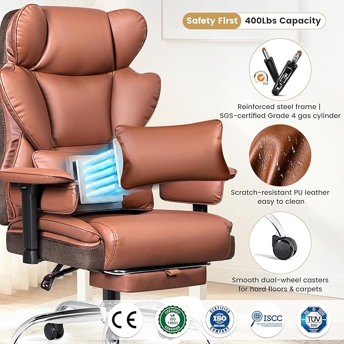 Big & Tall Executive Office Chair, 400 LBS Computer Desk Chair | 23.6" Extra-Wide Seat with Footrest, Ergonomic High Back with Lumbar Support, 3.2" Adjustable Arms, Brown PU Leather, 2 Pack