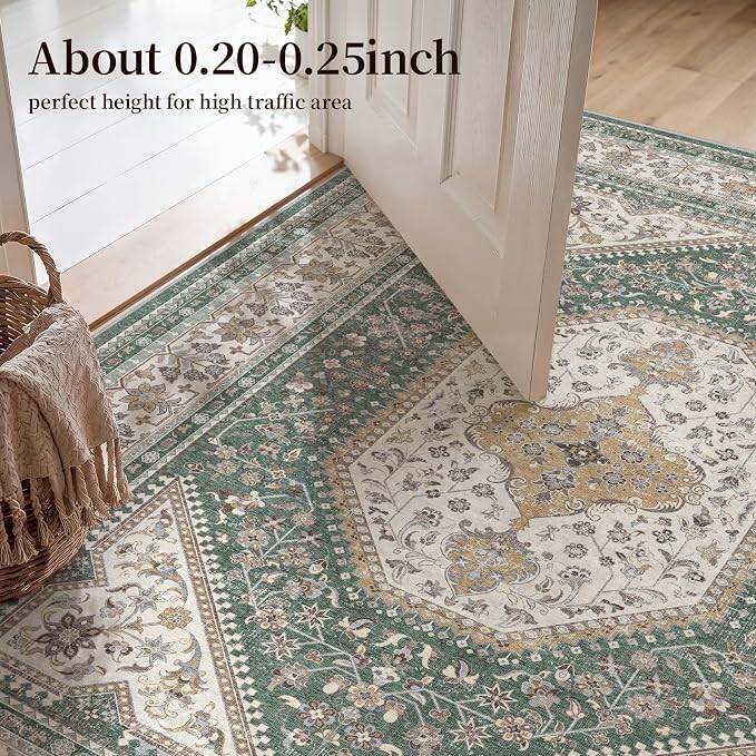 4x8 Runner Rug for Hallway Washable: Non Slip Kitchen Rugs with Rubber Backing Soft Waterproof Wide Mats Stain Resistant Low Pile Carpet for Entryway Bedroom Bathroom Laundry Home Decor Green/Beige