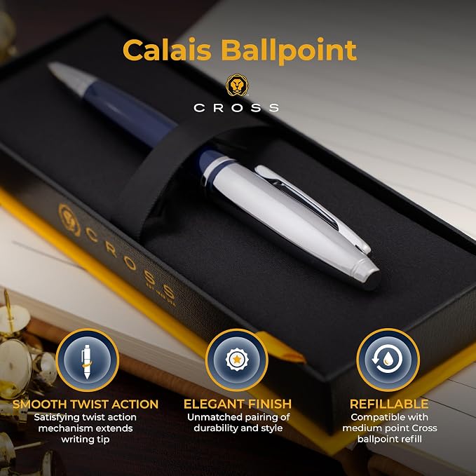 Cross Calais Engraved Ballpoint Pen, Blue Lacquer with Chrome, Art Deco Design, 2 Lines of Text Up to 30 Characters, Gift for Graduation, New Job, Career Advancement, Cross Gift Box